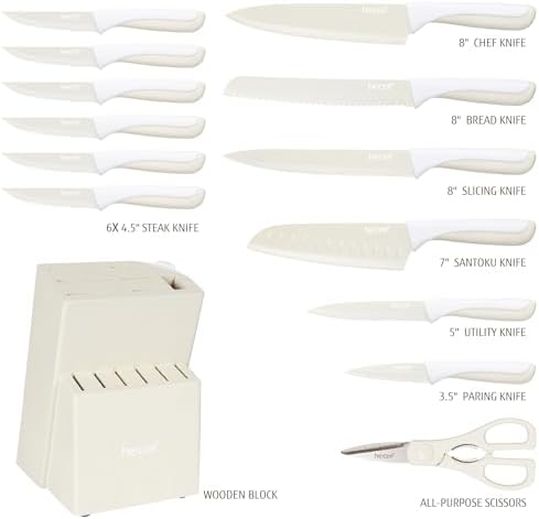 hecef 15Pcs Cream White Kitchen Knife Set, Built-in Sharpening Wooden Block - Image 2