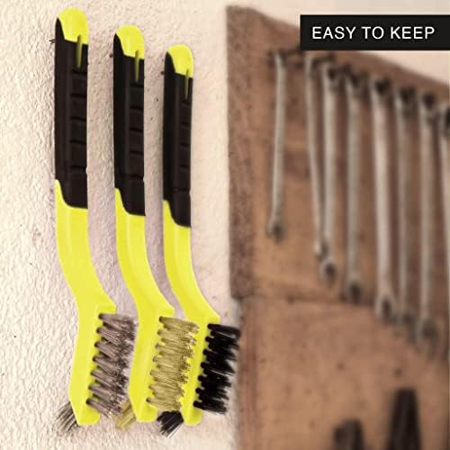 Lavaxon Wire Brush Set 3Pcs - Nylon/Brass/Stainless Steel Bristles with Curved Handle Grip for Rust, Dirt & Paint Scrubbing with Deep Cleaning – 7 Inches (Yellow) - Image 6