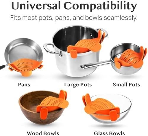 Kitchen Gizmo Snap N Strain Clip On Strainer for Pots and Pans - Adjustable Silicone Colander for Kitchen - Compact Clip-On Food Strainer for Draining Pasta and Vegetables - Orange - Image 6