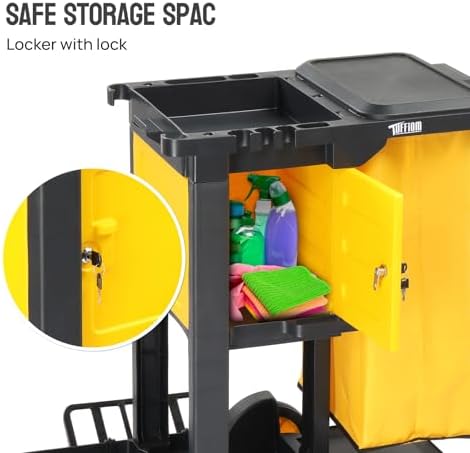 TUFFIOM Janitorial Cart with Key-Locking Cabinet, 3-Shelf Commercial Cleaning Cart, Housekeeping Caddy with Locker,Wheeled with Yellow Vinyl Bag, Black, Great for Hotel, Stores, Schools, and Business - Image 6