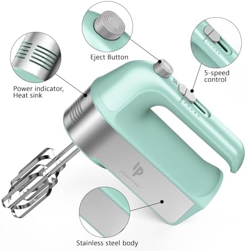 Hand Mixer Electric, 450W Kitchen Mixers with Scale Cup Storage Case, Turbo Boost/Self-Control Speed + 5 Speed + Eject Button + 5 Stainless Steel Accessories, For Easy Whipping Dough, Cream, Green - Image 2