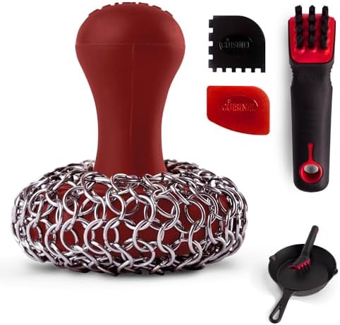 Cuisinel Cast Iron Chain Mail Scrubber + Cleaning Brush + Pan & Grill Scrapers - The Ultimate Skillet and Grill Cleaner Kit - Soft-Touch Confident-Grip Dish Scrub Tool - Silicone/Stainless Accessories by Cuisinel