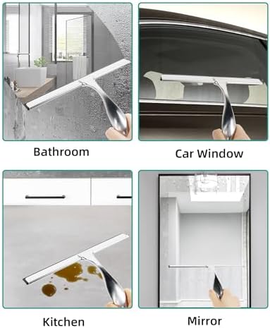 All-Purpose Stainless Steel Shower Squeegee Come with S Hook, 2 Square Sticky Hook 2 Rubber Strips Shower Squeegee for Glass Doors, Windows, Mirrors, Tiles and Car Glass -12 Inches Silver - Image 7