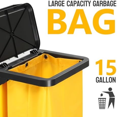 TUFFIOM Janitorial Cart with Key-Locking Cabinet, 3-Shelf Commercial Cleaning Cart, Housekeeping Caddy with Locker,Wheeled with Yellow Vinyl Bag, Black, Great for Hotel, Stores, Schools, and Business - Image 3