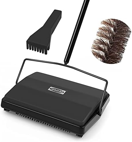 JEHONN Carpet Floor Sweeper Manual with Horsehair, Non Electric Quite Rug Roller Brush Push for Cleaning Pet Hair, Loose Debris, Lint (Black) by JEHONN