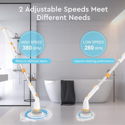 Electric Spin Scrubber, KIKOLIN 380RPM High Speed Power Scrubber, Cordless Cleaning Brush 2 Speeds for Bathroom, Tub, Shower, Floor with 4 Replaceable Brush Heads and Adjustable Extension Long Handle - Image 3