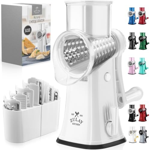 Rotary Cheese Grater Manual Hand Crank 5 Blade Shredder, White by ZulayKitchen