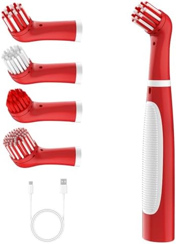 Rechargeable Electric Cleaning Brush with 4 in 1 Multiple Brush Heads and USB Cable, Indoor Household Cordless Motorized Brush for Bathroom Toilet Kitchen Tile Crevice (White & Red) by Unknown