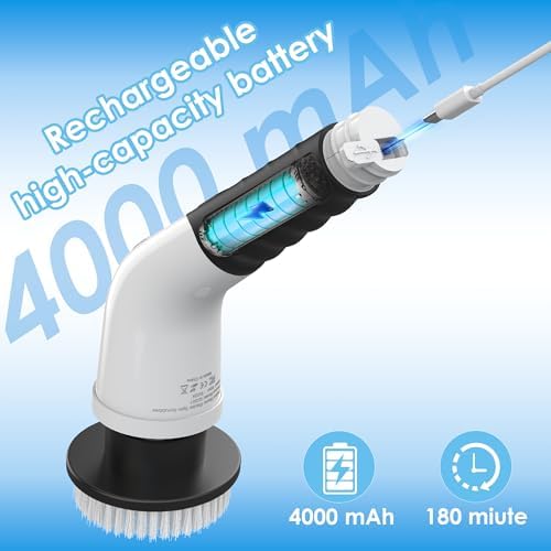 Electric Spin Scrubber, Cordless Cleaning Brush with 180 Min Runtime, 3-Speed, 7 Replaceable Brush Heads & Long Detachable Handle, LCD Display (RPM/Torque/Battery), for Bathroom, Kitchen, Tile - Image 7