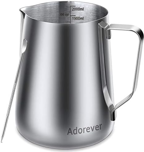 Milk Frothing Pitcher, 66oz Steaming Pitcher Stainless Steel Espresso Machine Accessories for Coffee Bar, Cappuccino Barista Tools Milk Jug Steamer Frother Cup with Decorating Latte Art Pen by Adorever