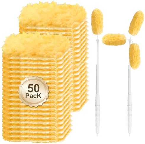 50 Pack Duster Refill Compatible with 1 Extendable Handle, 360 Heavy Duty Duster Kit with 1 Handle, Multi-Surface Disposable Dusters Refills for Cleaning Corner, Furniture, Car, Blinds by Hyphen-X