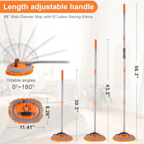 Wall Cleaner Mop with 68” Long Handle,15°Labor-Saving Elbow,Multi-Surface Duster for Painted Walls,Floor,Baseboard & Windows, Includes 2 Replaceable Microfiber Chenille Pads - Image 2