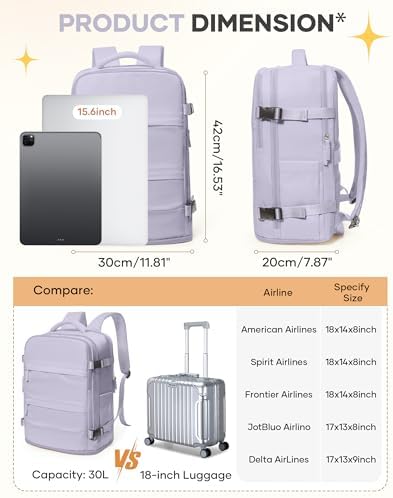 Carry On Backpack Personal Item Travel Backpack For Women Airline/Flight Approved Waterproof Sports Luggage Casual Daypack Small Hiking Backpack Purple - Image 3