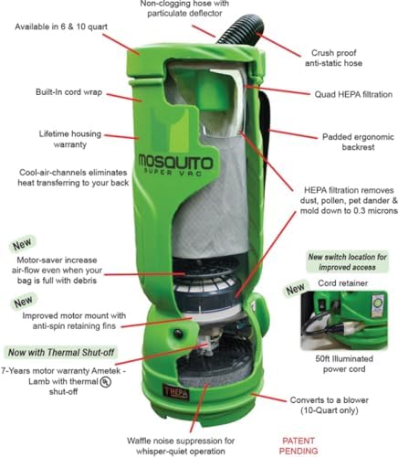 Mosquito-America Super Vac Backpack Vacuum with HEPA Filtration (Model 10-1011-MG) - 10-Quart Capacity/Green/Smooth Glide Tool Kit Included. Great for Commercial or Residential Applications! - Image 3