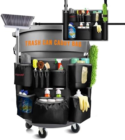 Trash Can Caddy Bag for 32-55 Gallon Garbage Bin, Hongmed Caddy for Commercial Cleaning Supplies, Multi-Pocket Utility Apron with Adjustable Straps, Heavy-Duty Nylon Organizer for Janitorial Duties by Hongmed