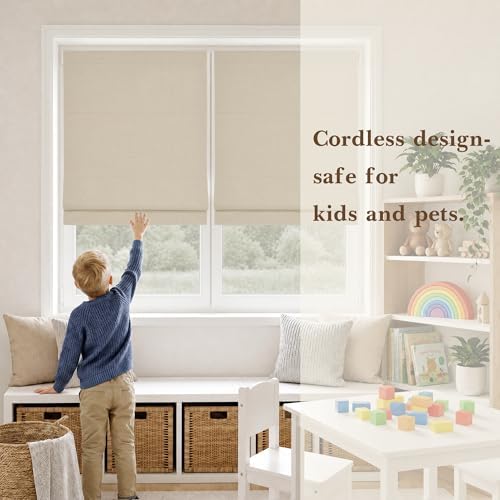 RYB HOME Blackout Roman Shade for Windows, No Drill Cordless Faux Linen Roman Blind, Double-Sided Magnetic Foldable Window Shades for French Doors, Bedroom, Bathroom, Taupe, W36 x H64, 1 Panel - Image 5