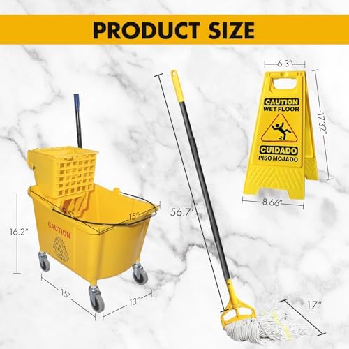 KULED Commercial Mop Bucket with 2 Mop Heads and Caution Sign, 38 Quart - Image 3
