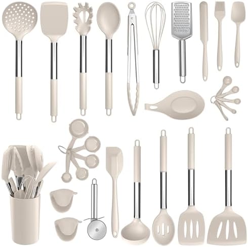 E-far Silicone Cooking Utensils Set, 30-Piece Khaki Kitchen Utensils Set by E-far