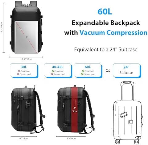60L Vacuum Backpack Travel, TSA Lock, Charging Port, Waterproof - Image 5