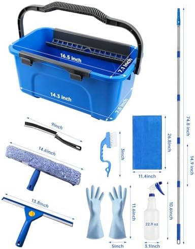 Window Cleaning Kit with Storage Bucket, Squeegee Cleaner Tool with Extension Pole, Glass Cleaning Tools Set with Spray Bottle, Brush, Scrubber, Gap Brush & Gloves for Window Shower Mirror Car - Image 2