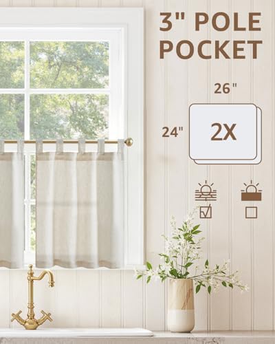 jinchan Linen Tier Curtains, Tab Top, 26x24, 2 Panels, Natural - Image 3