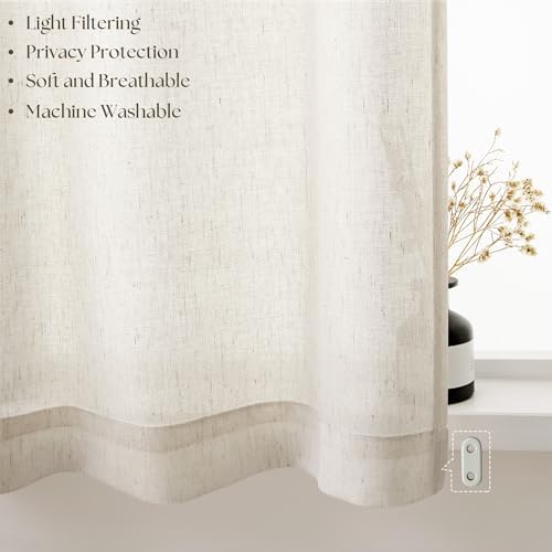 Beige Semi Sheer Linen Kitchen Curtains 30 Inch Length 2 Panels - Image 4