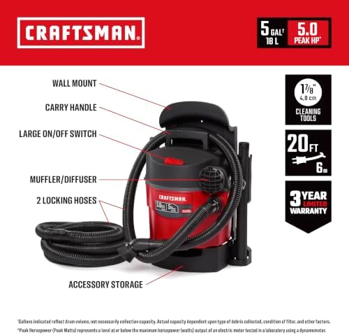 CRAFTSMAN CMXEVBE17925 5 Gallon 5.0 Peak HP Wet Dry Shop Vacuum - Image 2