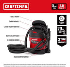 CRAFTSMAN CMXEVBE17925 5 Gallon 5.0 Peak HP Wet Dry Shop Vacuum - Image 2