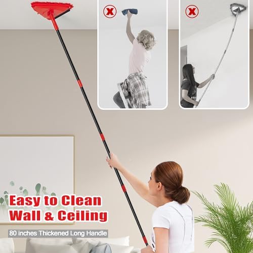NEWE Wall Mop Cleaner, 80 inches Long Handle, 180° Folding Ceiling Cleaning Tool with Squeegee for Washing Painted Walls, Triangle Baseboard Scrubber with 3 Chenille Duster and 3 Microfiber Pads (Red) - Image 3