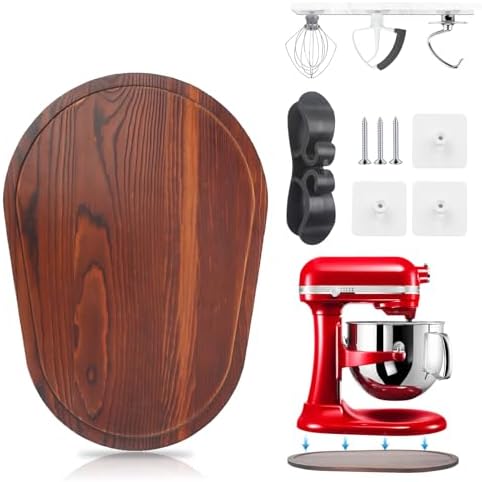 Sliding Mat for Kitchen aid 5-8 Qt Stand Mixer with 1Pc Cord Organizer and 3Pcs Attachment Holder for Kitchen Appliance Slider Counter, Moving Tray (5-8 Qt Bamboo and Attachment, Brown) by Sun3drucker