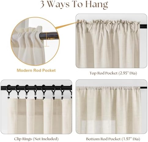 40 Inch Linen Farmhouse Kitchen Small Curtains 2 Panels Semi Sheer - Image 4