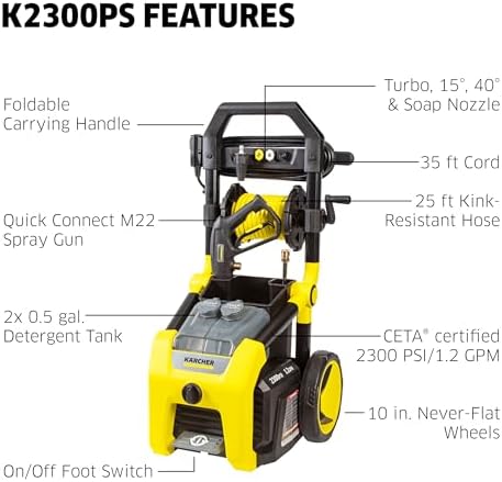 Kärcher Pressure Washer K2300PS, CETA Certified, 4 Spray Nozzles, Detergent Tank, Hose Reel, for Cars, Driveways, Siding, Patios, 1.2 GPM - Image 2