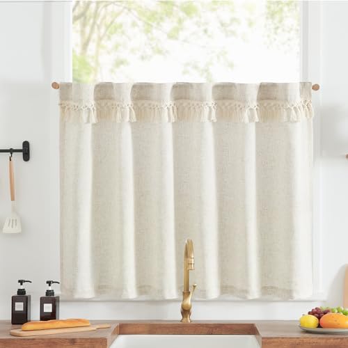 jinchan Tassel Linen Tier Curtain, Back Tab, 50x24, 1 Panel, Natural by JINCHAN