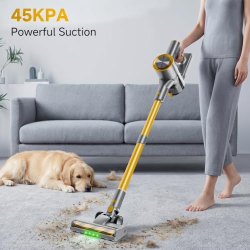 Cordless Stick Vacuum Cleaner - 45KPA Powerful Suction Vacuum with 45 Min Runtime, Detachable Battery, Anti-Tangle & 1.5L Dust Cup, 8 in 1 Vacuum Cleaner for Pet Hair, Carpet, HardFloor, Yellow - Image 2