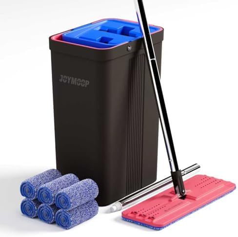 JOYMOOP Mop and Bucket with Wringer Set, Hands Free Flat Floor Mop and Bucket, with 6 Washable Microfiber Pads, Wet and Dry Use, Floor Cleaning System - Black+Red+Slate Blue by JOYMOOP