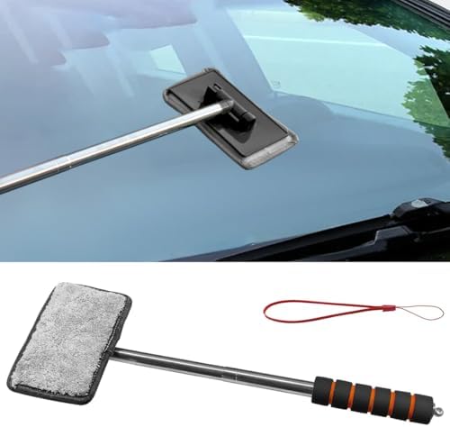 Car Windshield Cleaner Tool, Retractable Rearview Mirror Brush with Extendable Handle, Microfiber Window Washing Pad, Portable Auto Glass Wiper for Car Home Office(Black) by Unknown