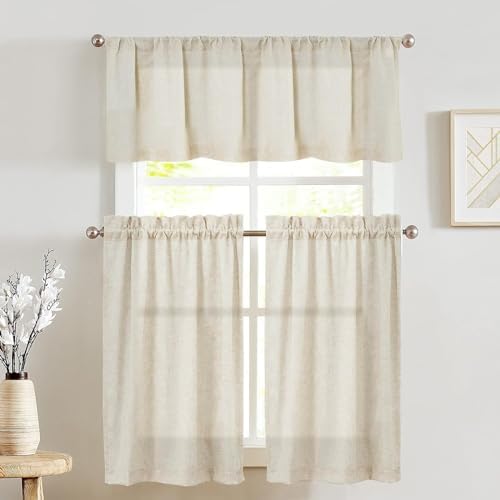 jinchan Lien Tier Curtains and Valances, 26x36, 3 Panels, Natural by JINCHAN