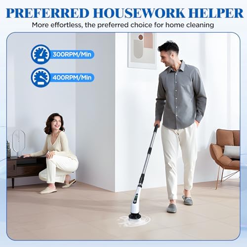 Electric Spin Scrubber, Cordless Bath Tub Power Scrubber with 8 Replaceable Drill Brush Heads, Shower Cleaning Brush with Adjustable Handle for Bathroom, Tile Floor & Car, White, (ANS-8050) - Image 5
