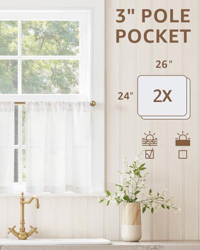 jinchan Rustic Linen Rod Pocket Tier Curtains, 26x24, 2 Panels, White - Image 3