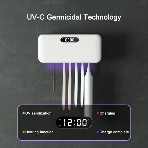 UV Toothbrush Sanitizer and Holder for Bathroom, 5 Toothbrush Slots for Family with Fan and PTC Heat Drying, Type-C Charging, No-Drill Wall Mount - Image 6