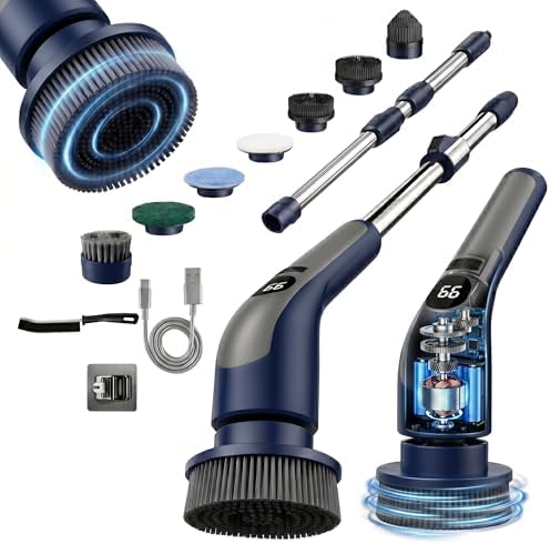 LIVINGPRO Electric Spin Scrubber for Bathroom Cleaning, Cordless Power Scrubber with 70W Dual Speed Motor, LCD Display, IPX7 Waterproof, Adjustable Handle, 7 Brush Heads for Tub Tile Shower Kitchen by LivingPro