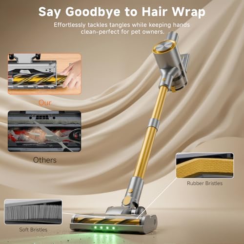 Cordless Stick Vacuum Cleaner - 45KPA Powerful Suction Vacuum with 45 Min Runtime, Detachable Battery, Anti-Tangle & 1.5L Dust Cup, 8 in 1 Vacuum Cleaner for Pet Hair, Carpet, HardFloor, Yellow - Image 6