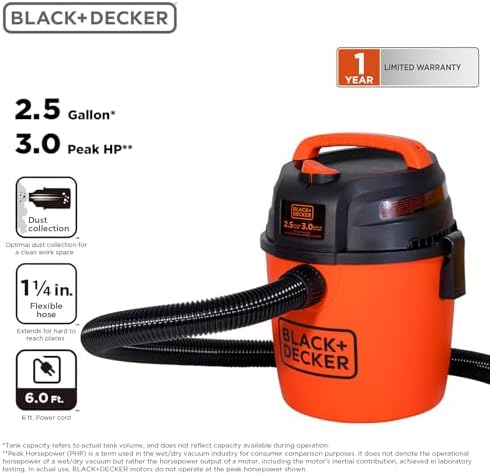 BLACK+DECKER 2.5 Gallon Shop Vac, 3 HP Wet Dry Vacuum with Powerful Suction, Portable for Garage Car and Home Use, Pet Hair Cleaning, Accessories Included, BDXV18134PA - Image 3