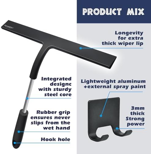 12 Inch Silicone Shower Squeegee for Glass Doors with Microfiber Cloth & Hook, Streak-Free Window Cleaner for Bathroom Mirror Tile Car, No-Scratch Squeegee with Rustproof Metal Core (Black) - Image 2
