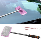 Car Windshield Cleaner Tool, Retractable Rearview Mirror Brush with Extendable Handle, Microfiber Window Washing Pad, Portable Auto Glass Wiper for Car Home Office(Pink) by Unknown