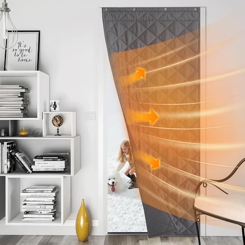 NICETOWN Thermal Insulated Door Curtain, Oxford Cloth-Thicken Polyester Fiber Fill, 34"x84" Self Sealing Screen Temporary Door Cover with 3 Hanging Ways for Doorway Old House, Grey, 1 Panel by NICETOWN