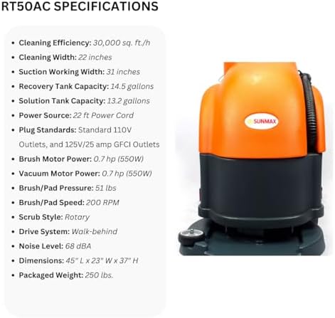 SUNMAX 22" Corded Floor Scrubber, 31" Squeegee, 14.5-Gal Tank - Image 3