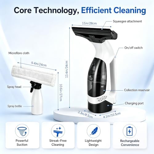 Window Vacuum Squeegee Cordless, 2000Pa Electric Window Cleaner Tool, 150ml Tank, 2200mAh Electric Window Glass Squeegee 280mm Wide Blade, 150ml Tank, Window Cleaning Kit for Glass Mirror Tile Car - Image 3