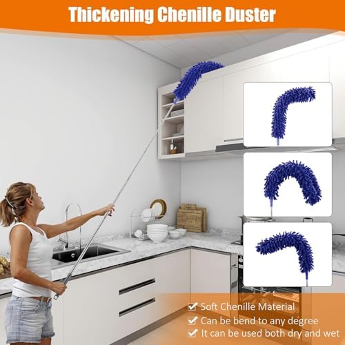 4 Pcs Microfiber Cobweb Duster with 100-inch Extendable Pole, Washable and Reusable Feather Cleaning Duster Kit with 3 Duster Heads,Dusters for Cleaning with Telescopic Pole for High Ceiling Fan,Blue - Image 6