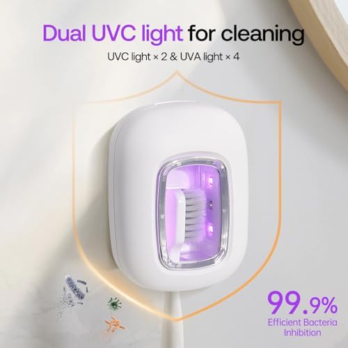 UV-C Toothbrush Sanitizer Case, Dual Light Cleaner Cover with Clear Window, USB-C Rechargeable Travel Holder for Electric and Manual Brushes, White - Image 2